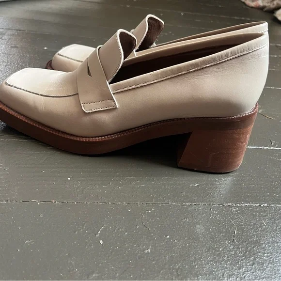 ALOHAS Cream Leather Block Heel Loafers - Picture 6 of 9